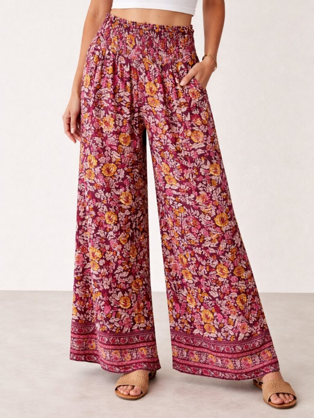 Bali Queen OS Boho Floral Wide Leg Palazzo Pants Smocked Waist Festival